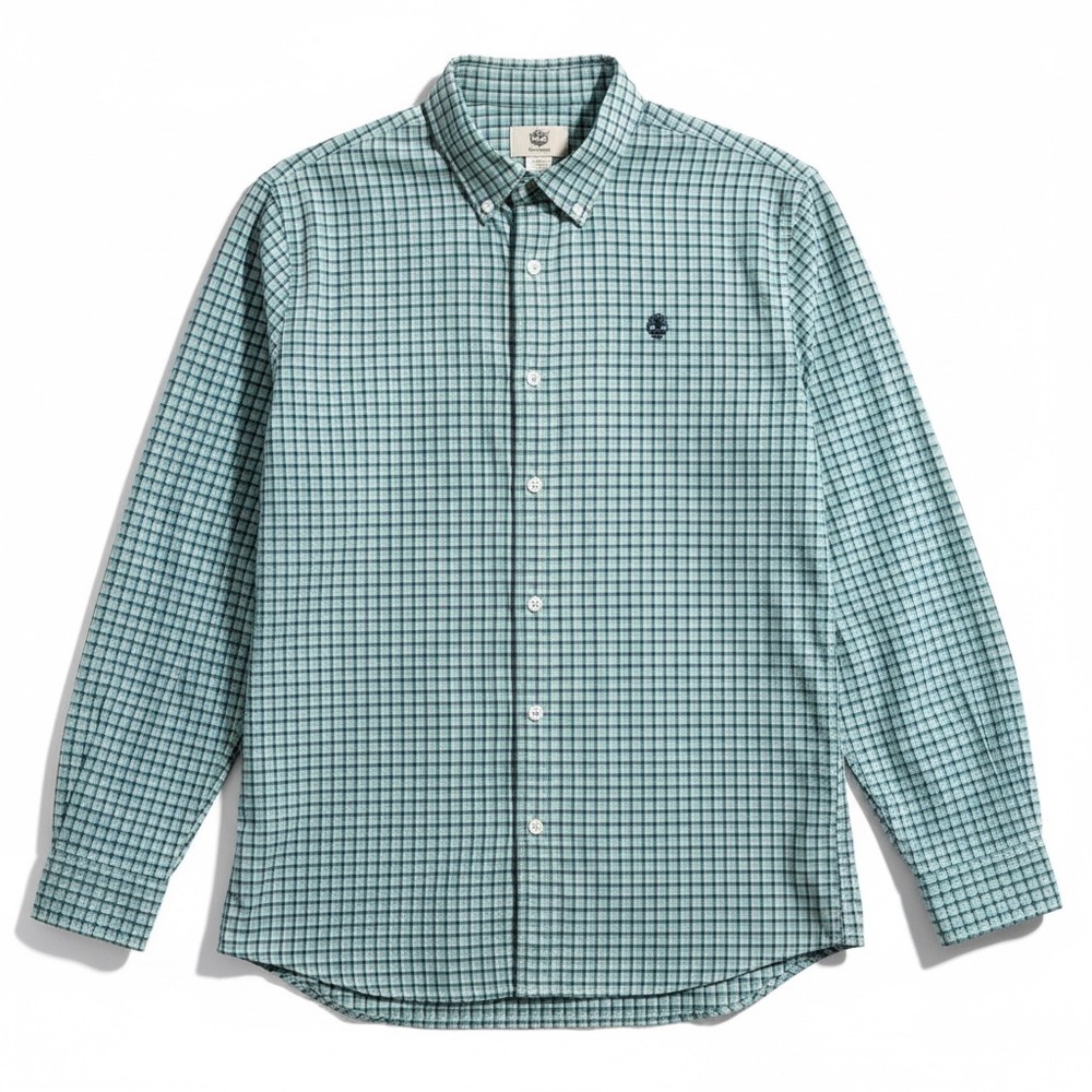 Timberland Plaid Button Down Shirt Casual Cotton Outdoor Logo Green Blue Large